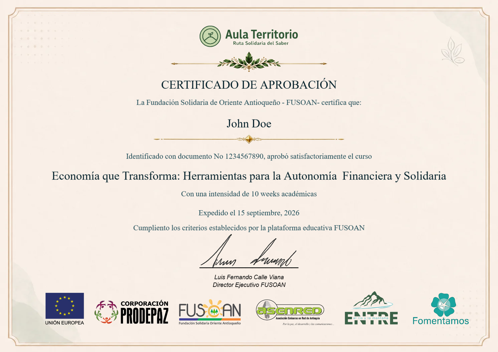 Certificado que vas a recibir